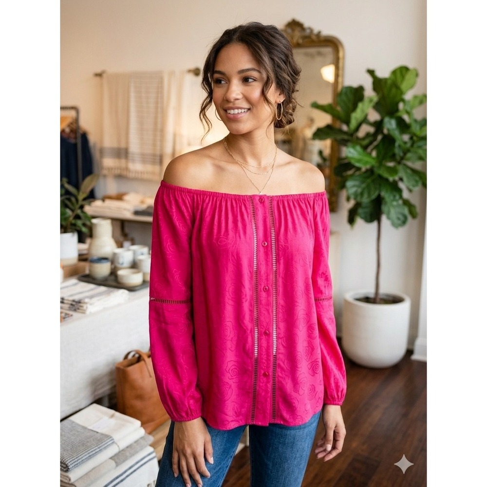 Cupcakes and Cashmere Pink Rose Jacquard Off‎ Shoulder Lace Trim Blouse XS
